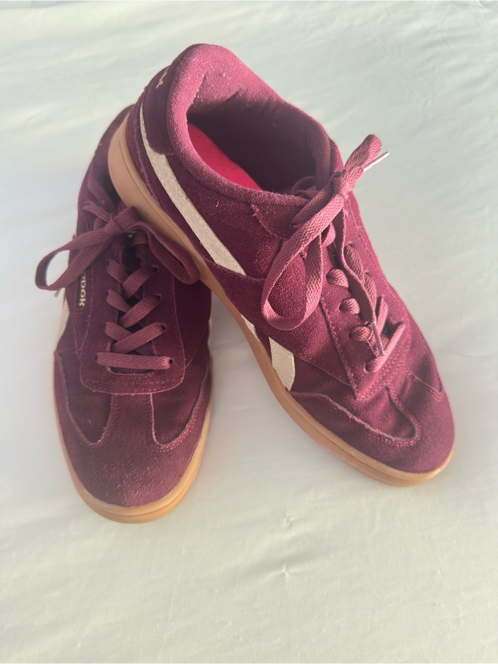 Reebok Ortholite Women's Suede Sneakers in Burgundy with Cream Stripe